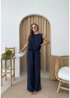SIRT BAGLAMA DETAY BLUZ VE PANTOLONLU İKİLİ ÇİLEK TAKIM LACİVERT