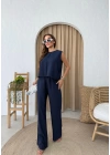 SIRT BAGLAMA DETAY BLUZ VE PANTOLONLU İKİLİ ÇİLEK TAKIM LACİVERT