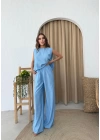 SIRT BAGLAMA DETAY BLUZ VE PANTOLONLU İKİLİ ÇİLEK TAKIM MAVİ