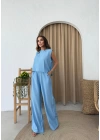 SIRT BAGLAMA DETAY BLUZ VE PANTOLONLU İKİLİ ÇİLEK TAKIM MAVİ