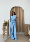 SIRT BAGLAMA DETAY BLUZ VE PANTOLONLU İKİLİ ÇİLEK TAKIM MAVİ