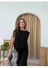 SIRT BAGLAMA DETAY BLUZ VE PANTOLONLU İKİLİ ÇİLEK TAKIM SİYAH
