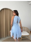 SIRT BAGLAMA DETAY TÜL ASTARLI ELBİSE MAVİ