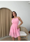 SIRT BAGLAMA DETAY TÜL ASTARLI ELBİSE PEMBE