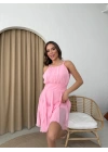 SIRT BAGLAMA DETAY TÜL ASTARLI ELBİSE PEMBE
