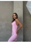 SIRT DEKOLTE ASKI BURGULU UZUN SANDY ELBİSE PEMBE
