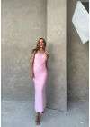 SIRT DEKOLTE ASKI BURGULU UZUN SANDY ELBİSE PEMBE