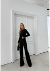 BÜZGÜLÜ BLUZ VE PANTOLONLU GOFRE İKİLİ TAKIM SİYAH