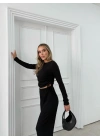 BÜZGÜLÜ BLUZ VE PANTOLONLU GOFRE İKİLİ TAKIM SİYAH