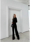 BÜZGÜLÜ BLUZ VE PANTOLONLU GOFRE İKİLİ TAKIM SİYAH