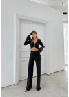 AKSESUAR DETAY BLUZ VE DRAPE PANTOLONLU İKİLİ TAKIM SİYAH