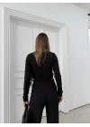 BÜZGÜLÜ BLUZ VE PANTOLONLU GOFRE İKİLİ TAKIM SİYAH