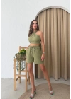 ŞORTLU VE BOYUNDAN BAĞLAMALI BLUZ KETEN İKİLİ TAKIM HAKİ