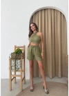 ŞORTLU VE BOYUNDAN BAĞLAMALI BLUZ KETEN İKİLİ TAKIM HAKİ