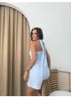 ŞORTLU VE BOYUNDAN BAĞLAMALI BLUZ KETEN İKİLİ TAKIM MAVİ
