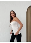 STRAPLEZ AKSESUAR DETAY YIRTMAÇLI OTTOMAN BLUZ BEYAZ