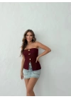 STRAPLEZ AKSESUAR DETAY YIRTMAÇLI OTTOMAN BLUZ BORDO