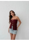 STRAPLEZ AKSESUAR DETAY YIRTMAÇLI OTTOMAN BLUZ BORDO