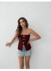 STRAPLEZ AKSESUAR DETAY YIRTMAÇLI OTTOMAN BLUZ BORDO