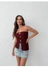 STRAPLEZ AKSESUAR DETAY YIRTMAÇLI OTTOMAN BLUZ BORDO