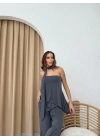 STRAPLEZ ASİMETRİK BLUZ VE PANTOLON FULARLI SANDY İKİLİ TAKIM ANTRASİT