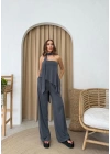 STRAPLEZ ASİMETRİK BLUZ VE PANTOLON FULARLI SANDY İKİLİ TAKIM ANTRASİT