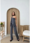 STRAPLEZ ASİMETRİK BLUZ VE PANTOLON FULARLI SANDY İKİLİ TAKIM ANTRASİT