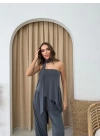 STRAPLEZ ASİMETRİK BLUZ VE PANTOLON FULARLI SANDY İKİLİ TAKIM ANTRASİT