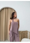 STRAPLEZ ASİMETRİK BLUZ VE PANTOLON FULARLI SANDY İKİLİ TAKIM GÜL KURUSU