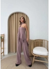 STRAPLEZ ASİMETRİK BLUZ VE PANTOLON FULARLI SANDY İKİLİ TAKIM GÜL KURUSU