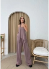 STRAPLEZ ASİMETRİK BLUZ VE PANTOLON FULARLI SANDY İKİLİ TAKIM GÜL KURUSU