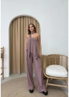 STRAPLEZ ASİMETRİK BLUZ VE PANTOLON FULARLI SANDY İKİLİ TAKIM GÜL KURUSU