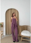 STRAPLEZ ASİMETRİK BLUZ VE PANTOLON FULARLI SANDY İKİLİ TAKIM KOYU