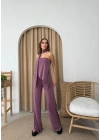 STRAPLEZ ASİMETRİK BLUZ VE PANTOLON FULARLI SANDY İKİLİ TAKIM KOYU