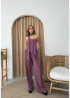 STRAPLEZ ASİMETRİK BLUZ VE PANTOLON FULARLI SANDY İKİLİ TAKIM KOYU