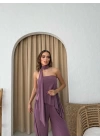 STRAPLEZ ASİMETRİK BLUZ VE PANTOLON FULARLI SANDY İKİLİ TAKIM KOYU