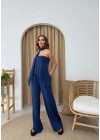 STRAPLEZ ASİMETRİK BLUZ VE PANTOLON FULARLI SANDY İKİLİ TAKIM LACİVERT