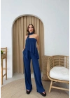 STRAPLEZ ASİMETRİK BLUZ VE PANTOLON FULARLI SANDY İKİLİ TAKIM LACİVERT