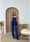 STRAPLEZ ASİMETRİK BLUZ VE PANTOLON FULARLI SANDY İKİLİ TAKIM LACİVERT
