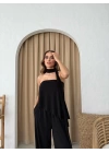 STRAPLEZ ASİMETRİK BLUZ VE PANTOLON FULARLI SANDY İKİLİ TAKIM SİYAH