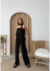 STRAPLEZ ASİMETRİK BLUZ VE PANTOLON FULARLI SANDY İKİLİ TAKIM SİYAH