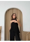 STRAPLEZ ASİMETRİK BLUZ VE PANTOLON FULARLI SANDY İKİLİ TAKIM SİYAH