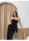STRAPLEZ ASİMETRİK BLUZ VE PANTOLONLU SANDY İKİLİ TAKIM SİYAH