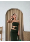 STRAPLEZ BEL AKSESUAR DEKOLTE DETAY UZUN SANDY ELBİSE HAKİ