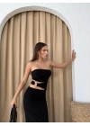 STRAPLEZ BEL AKSESUAR DEKOLTE DETAY UZUN SANDY ELBİSE SİYAH