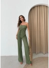 STRAPLEZ BÜZGÜLÜ BLUZ VE PANTOLONLU GOFRE İKİLİ TAKIM HAKİ
