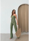 STRAPLEZ BÜZGÜLÜ BLUZ VE PANTOLONLU GOFRE İKİLİ TAKIM HAKİ