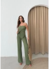 STRAPLEZ BÜZGÜLÜ BLUZ VE PANTOLONLU GOFRE İKİLİ TAKIM HAKİ