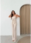 STRAPLEZ BÜZGÜLÜ BLUZ VE PANTOLONLU GOFRE İKİLİ TAKIM KREM
