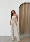 STRAPLEZ BÜZGÜLÜ BLUZ VE PANTOLONLU GOFRE İKİLİ TAKIM KREM